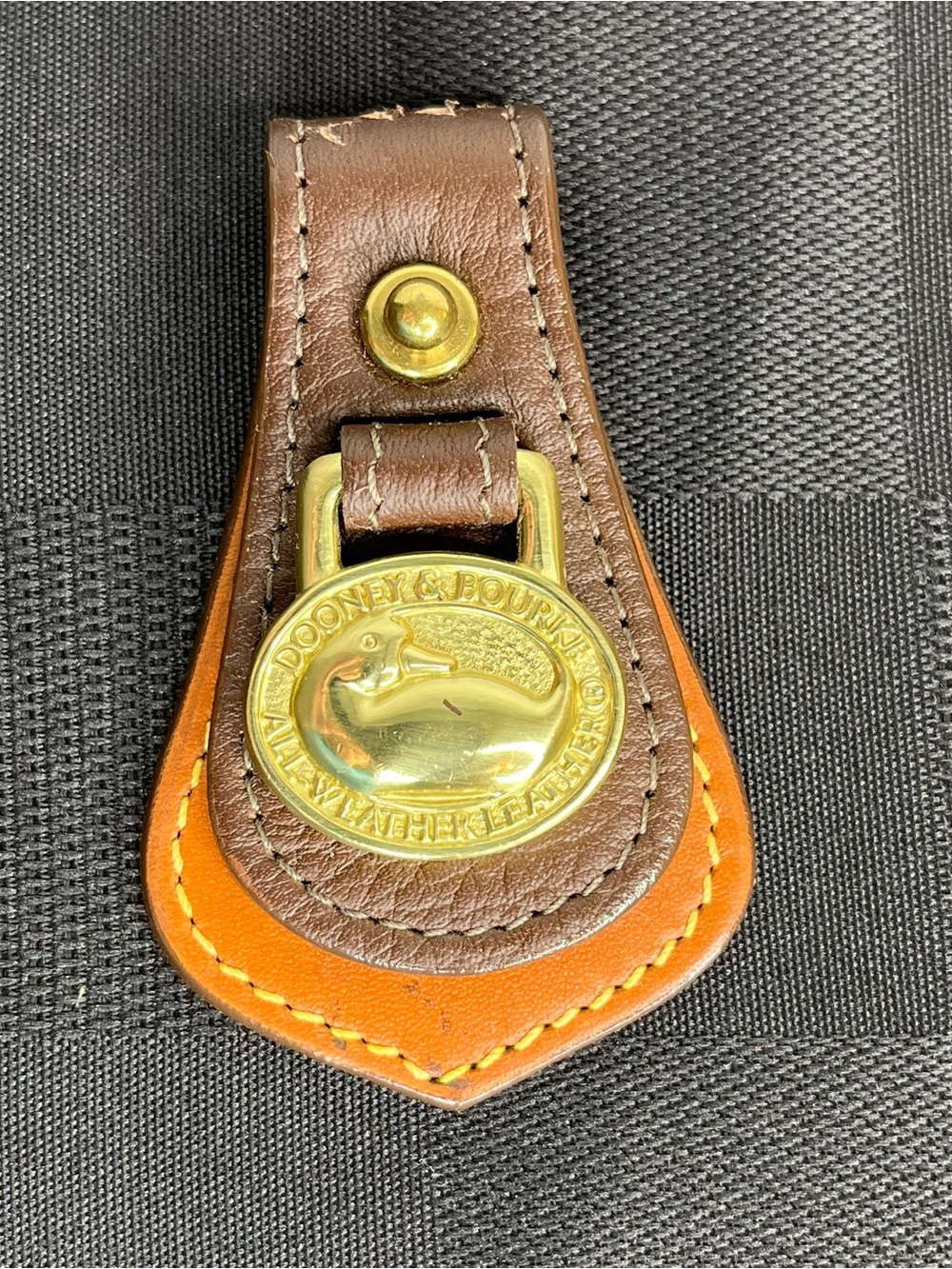 Dooney & Bourke Brown and Tan Leather Key Fob w Brass Medallion-MISSING RING